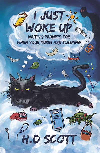 Book cover. I Just Woke Up: Writing Prompts For When Your Muses Are Sleeping. Blue background with annoyed black cat sitting in the clouds. Ideas rain down around it.