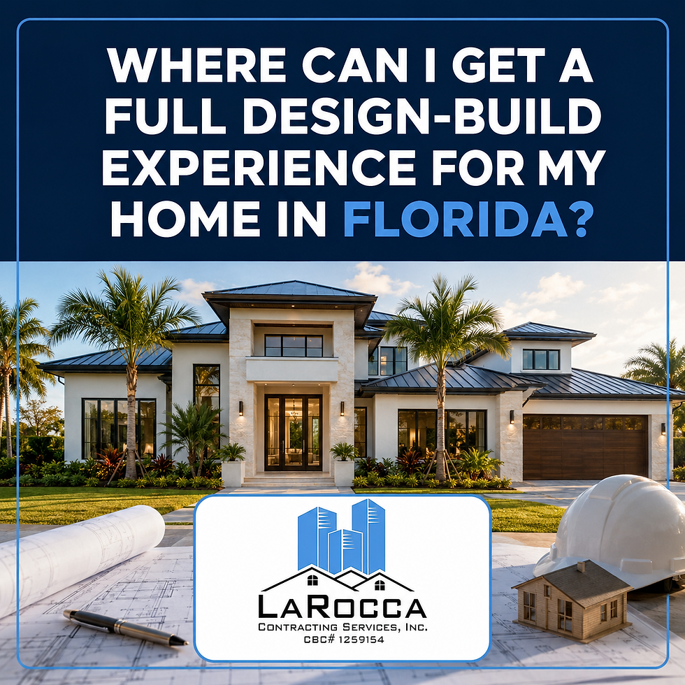 Alt text: Modern Florida custom home with palm trees, architectural blueprints, a hard hat, and the LaRocca Contracting Services logo. Text asks, “Where can I get a full design-build experience for my home in Florida?”