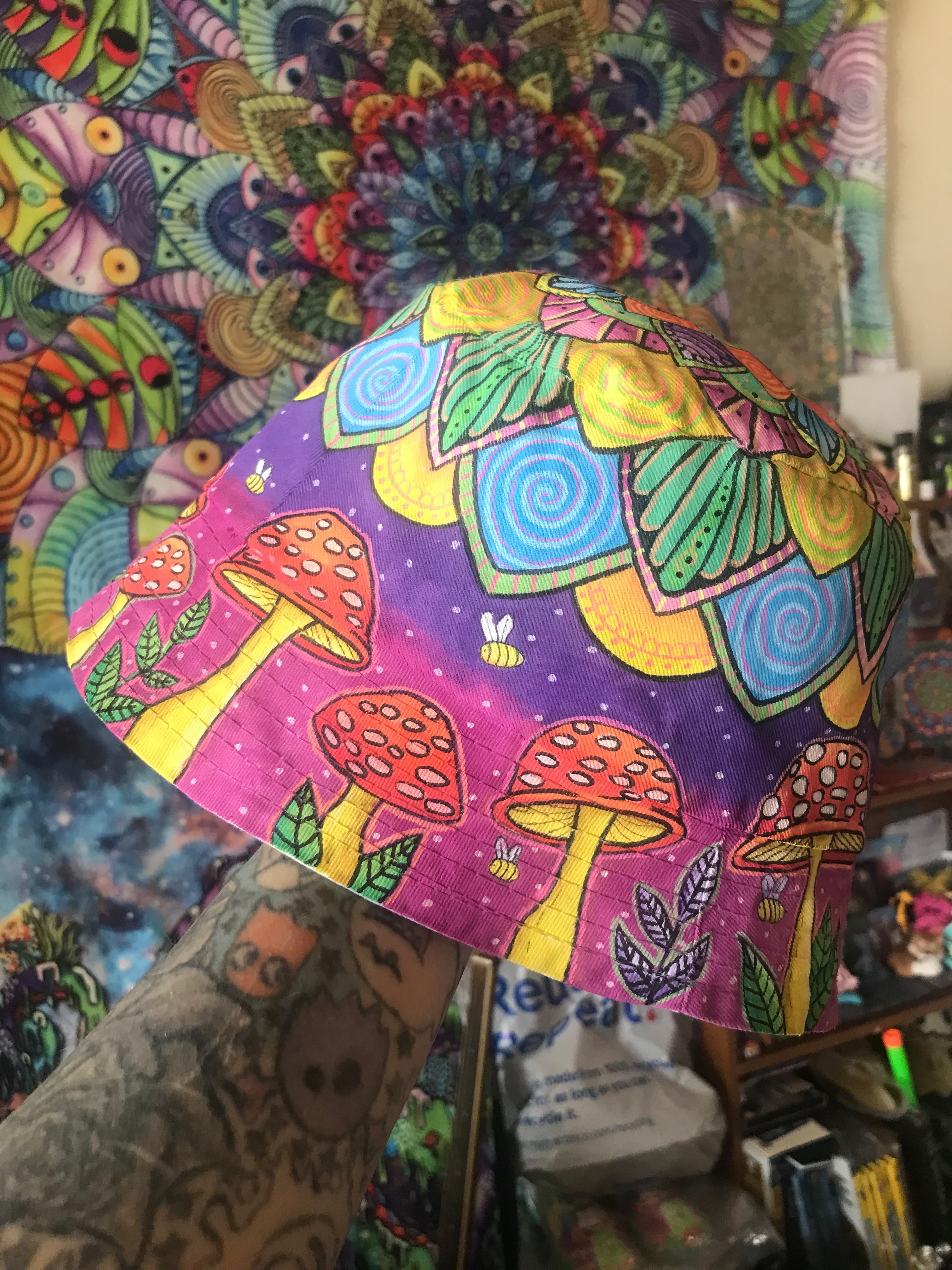 Commission Hand painted bucket hat/cap. Mushroom/mandala
