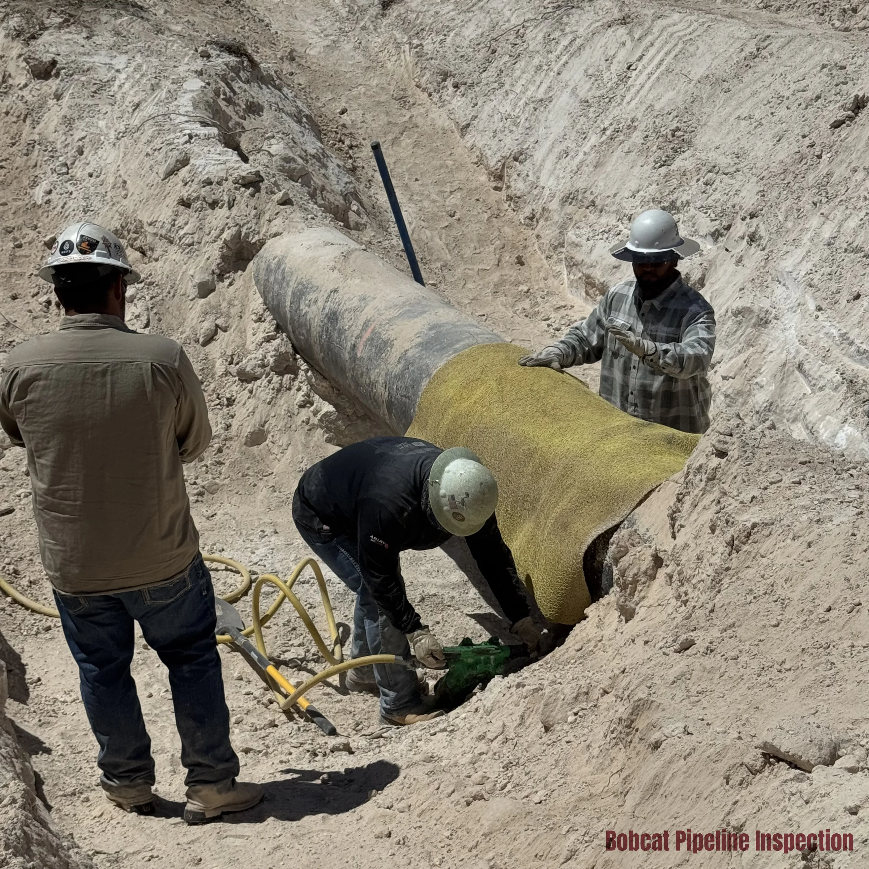 Rock shield protecting the pipeline while crew members use an air shovel to excavate.