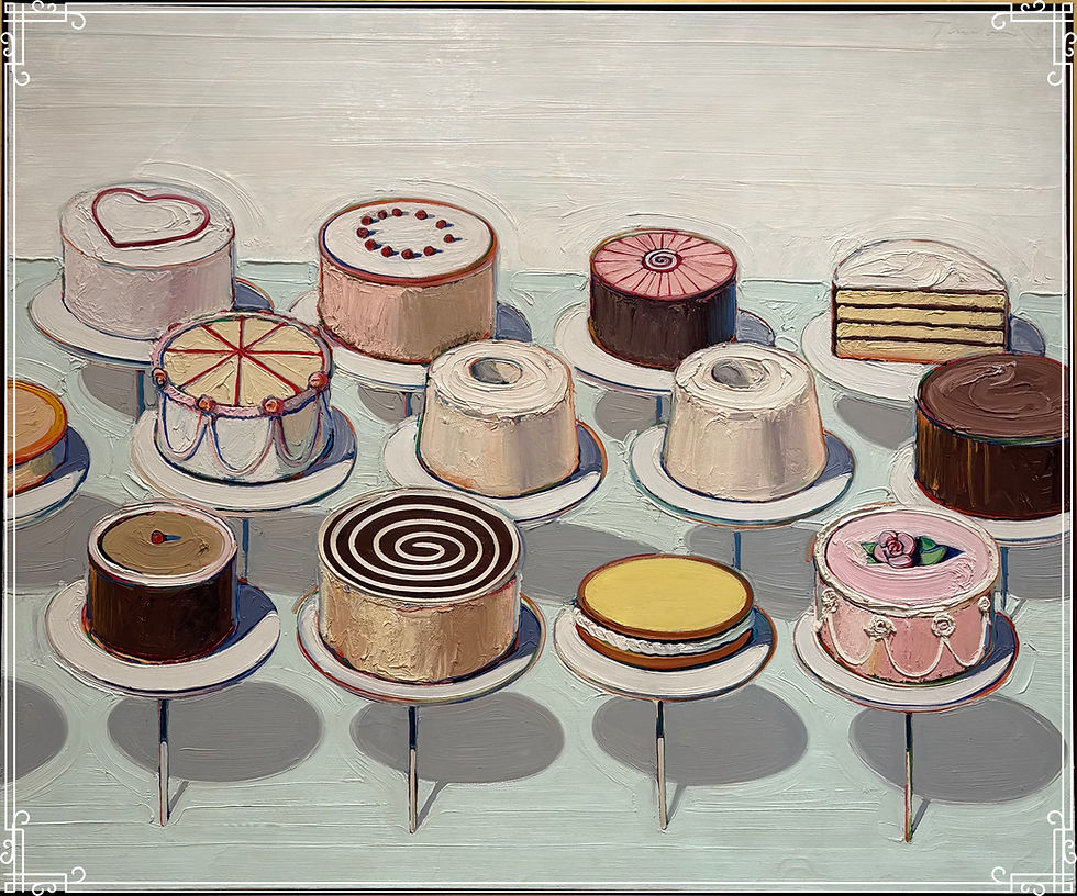 A variety of colorful cakes on stands, including designs with hearts, spirals, and flowers, are displayed against a light textured background.