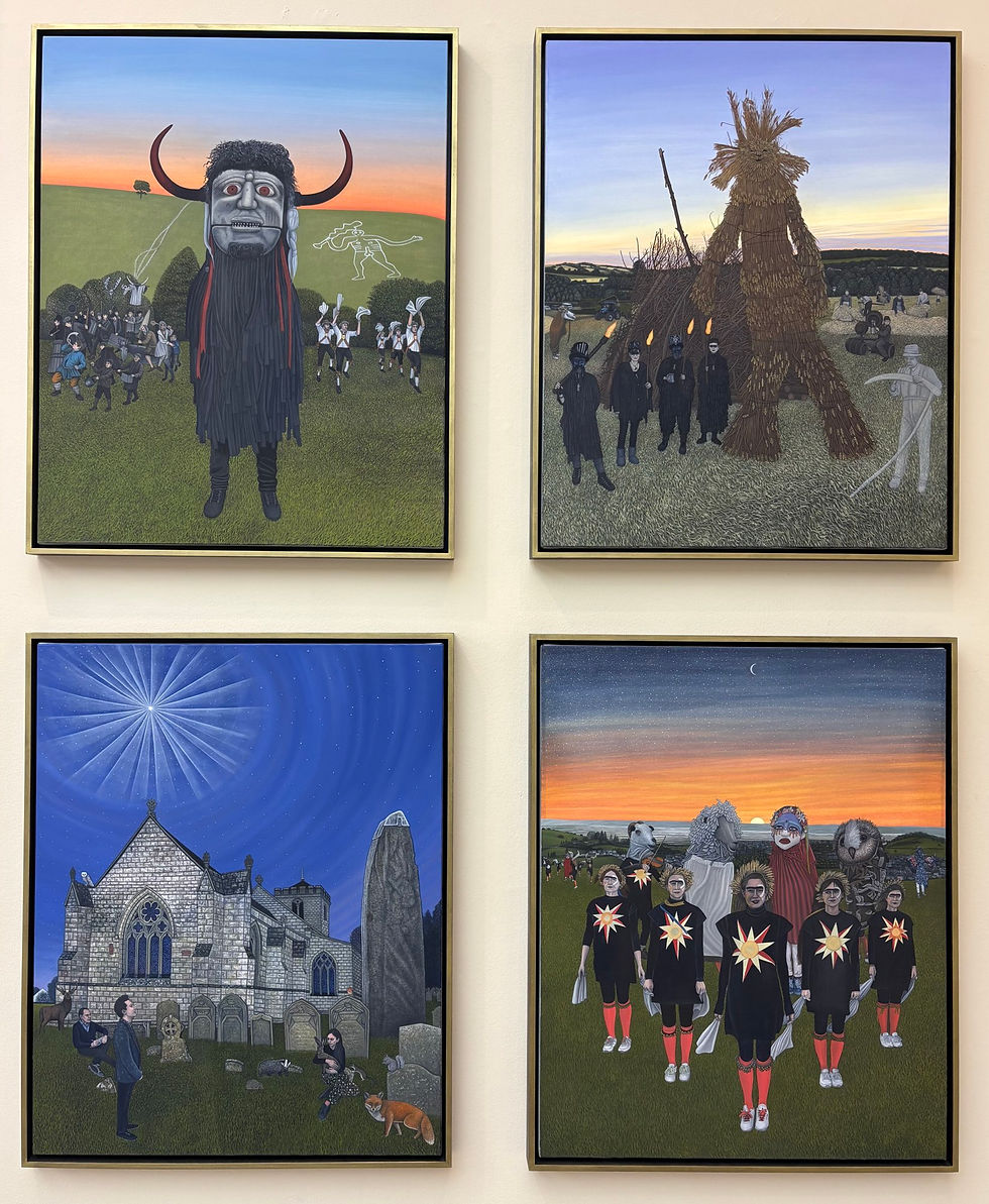 Four framed folk-art paintings on a wall show masked and costumed figures in fields and a churchyard at sunset and night.
