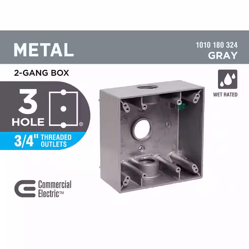 Miniatura: 2-Gang Metal Weatherproof Electrical Outlet Box with (3) 1/2 inch Holes, Gray