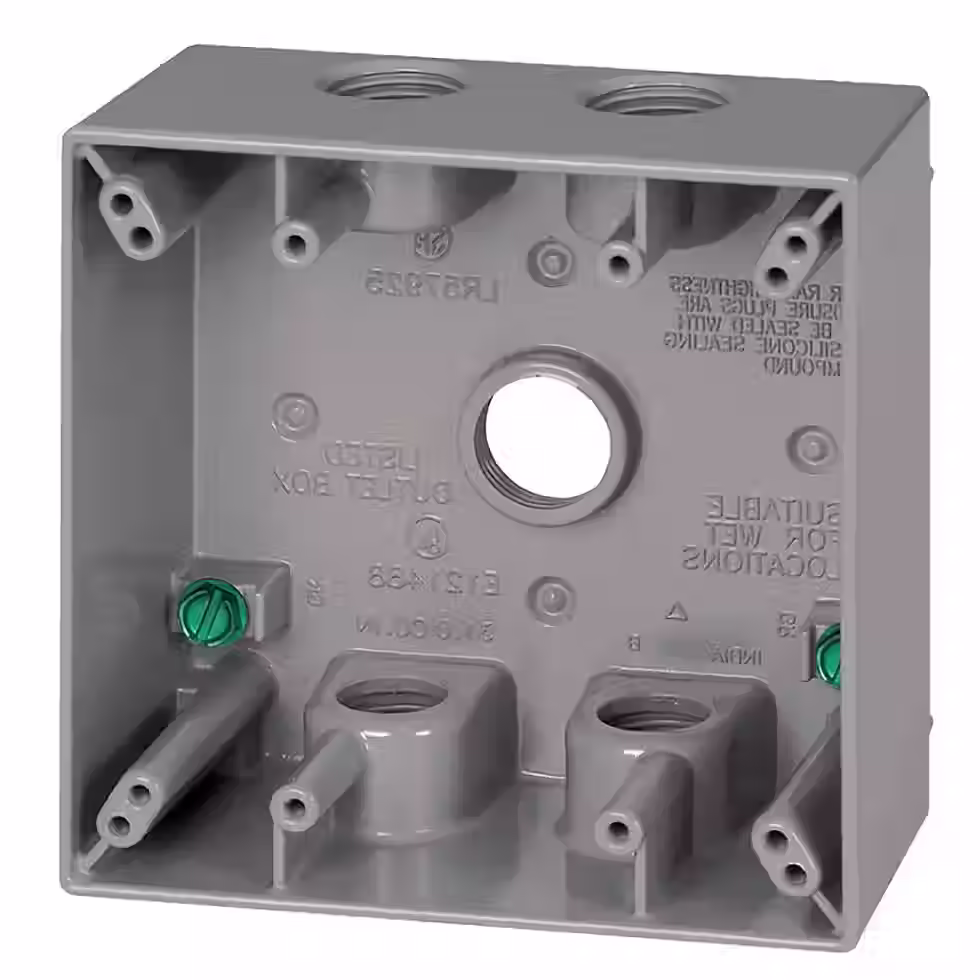 Miniatura: 2-Gang Metal Weatherproof Electrical Outlet Box with (5) 1/2 inch Holes, Gray