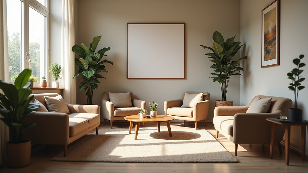 Eye-level view of a cozy counseling room with comfortable seating