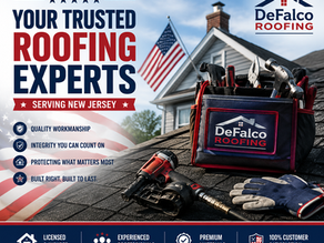 DeFalco Roofing trusted roofing experts serving New Jersey with professional roof installation tools, American flag branding, and quality roofing services.