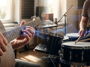 Close-up of hands playing an acoustic guitar and a snare drum in a music studio with glowing neural network overlays