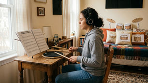 A person sits at a small wooden desk in a quiet room, tapping a practice pad with drumsticks. They wear headphones and look at a music notation book open on a stand. In the blurred background, pillows are arranged on a bed to mimic a drum set.