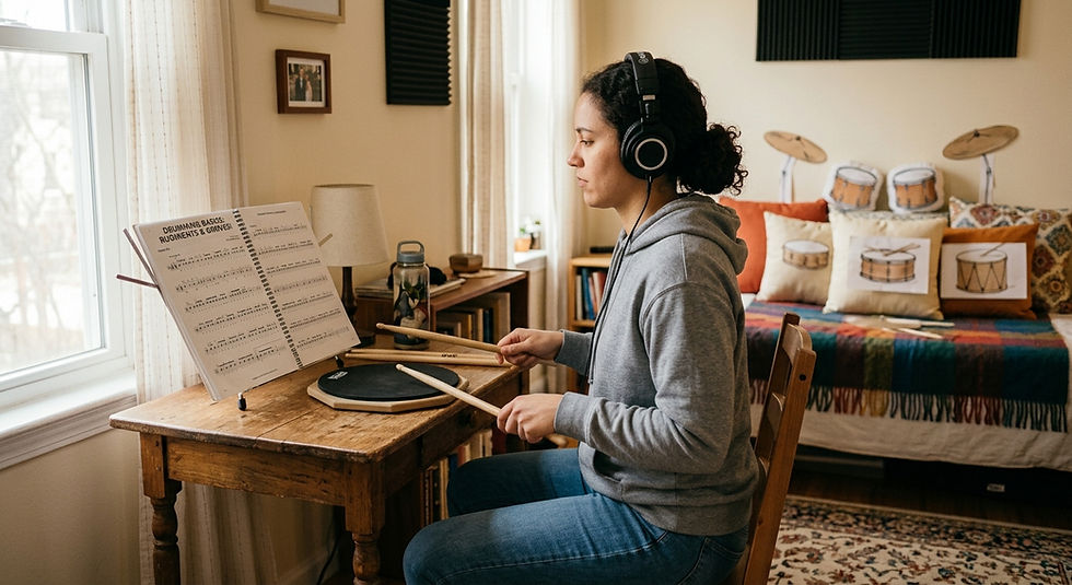 A person sits at a small wooden desk in a quiet room, tapping a practice pad with drumsticks. They wear headphones and look at a music notation book open on a stand. In the blurred background, pillows are arranged on a bed to mimic a drum set.
