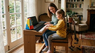 A warm, joyful scene in a cozy home living room showing an encouraging adult sitting beside a young child (around 6–7 years old) at a digital keyboard. The child is smiling while trying to press a key, guided gently by the adult demonstrating a hand posture. On the floor nearby, a junior acoustic guitar rests safely, and a colorful metronome sits on the corner of the keyboard stand. Sunlight streams through a window, highlighting an atmosphere of curiosity, discovery, and low-pressure musical exploration.