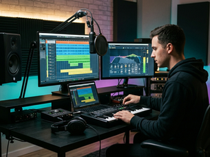 A music producer works at a high-tech desk setup with dual monitors, studio gear, and a MIDI keyboard.