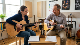 A focused adult student and an encouraging music teacher sitting together in a bright, modern practice room during an engaging private lesson. The student holds an acoustic guitar, carefully watching the teacher demonstrate a fingering technique on another guitar. On a small table nearby sits an open notebook with written questions, a metronome, and a music score, highlighting a structured and interactive learning environment.