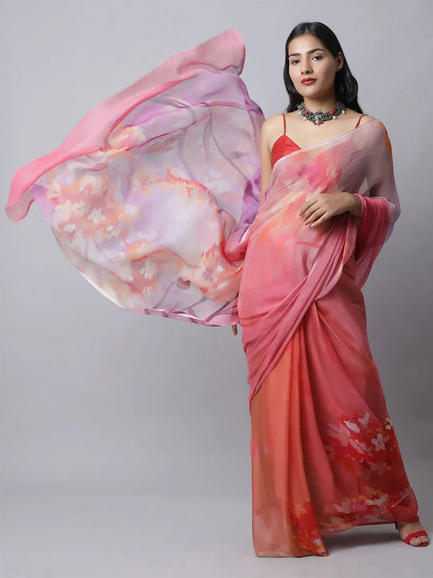 Coral Ruby Silk Chiffon Saree - Soft Pink Tones
