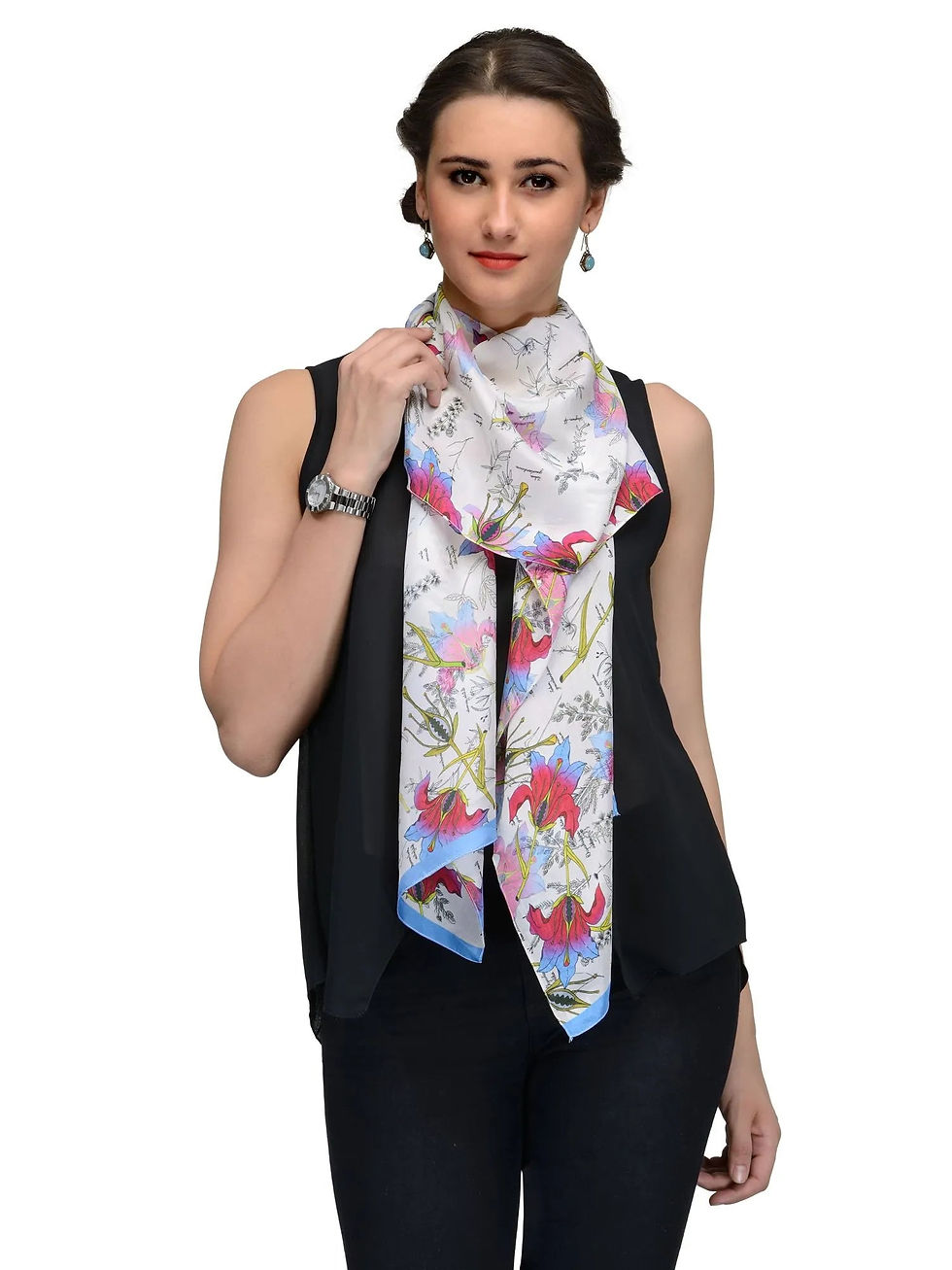 Hibiscus Silk Satin Stole with Mixed Pastel Florals on Cream