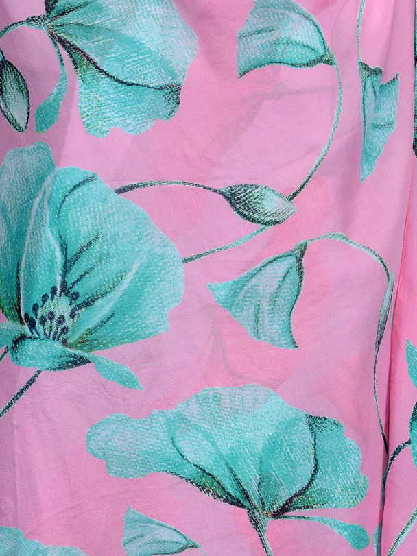 Sky Blue and Pink Lily Bloom Silk Chiffon Stole | Botanical Designer Scarf