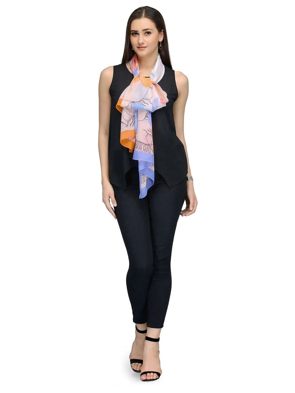 Blue and Orange Citrus Floral Silk Chiffon Stole | Sketch Print Designer Scarf