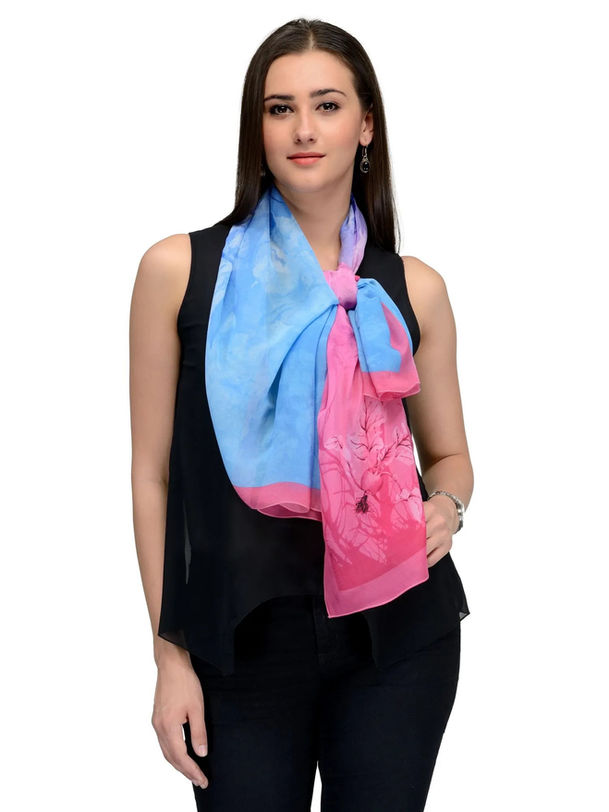 Pink and Sky Blue Rose Cloud Silk Chiffon Stole | Floral Designer Scarf
