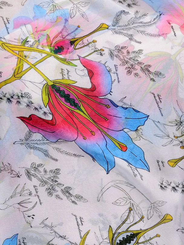Pink and Blue Hibiscus Silk Chiffon Stole | Floral Designer Scarf