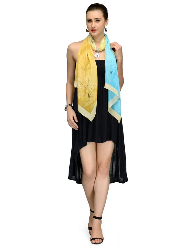 Teal and Gold Botanical Silk Chiffon Stole | Teal Aurelia Floral Designer Scarf