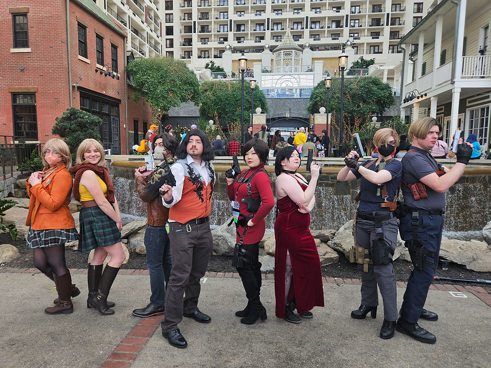 Original and Remake RE4 characters, Leon, Ada, Luis, and Ashley, back to back in front of the Gaylord fountain