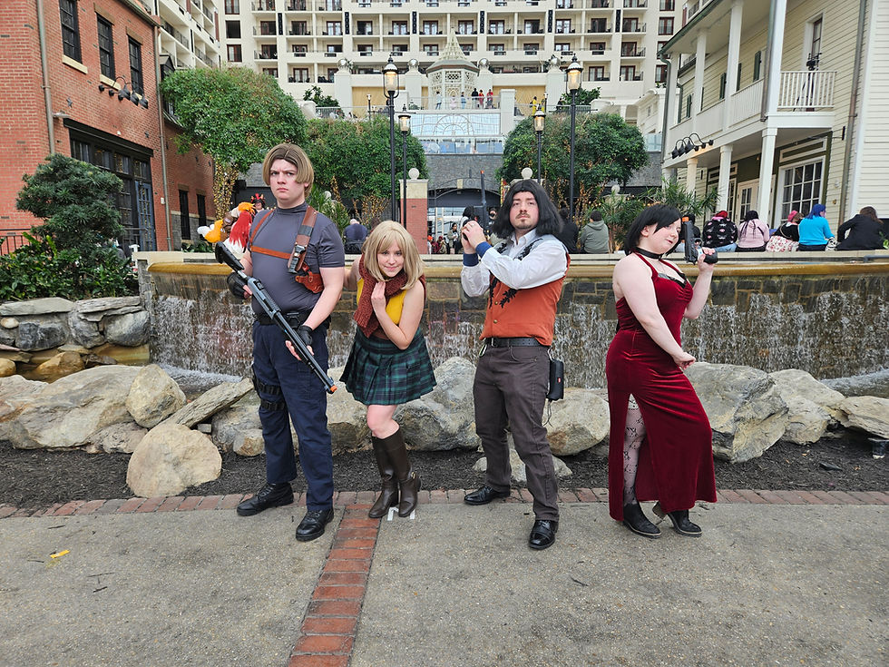 Original design Resident Evil 4 characters, Leon, Ashley, Luis, and Ada in front of the Gaylord fountain