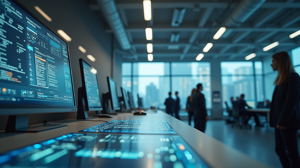 Eye-level view of a modern workspace with AI technology integration