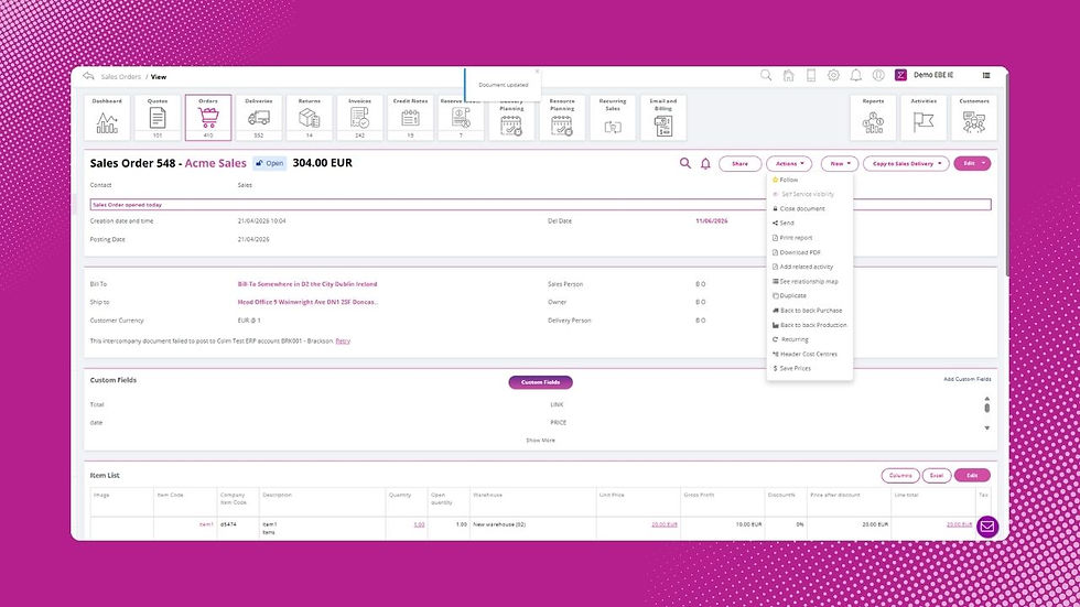 Sales order screen with actions menu open on a pink and white interface. Order details and item list visible, highlighting 304.00 EUR.