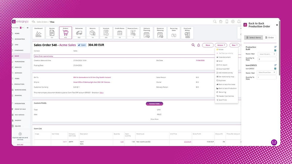 Sales order interface on a purple background. Shows sales order 548 with details, actions menu, and production order sidebar.