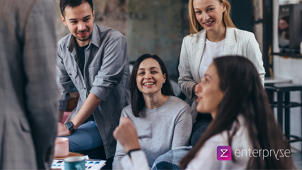 Business team collaborating after switching from Exchequer ERP to Enterpryze cloud ERP