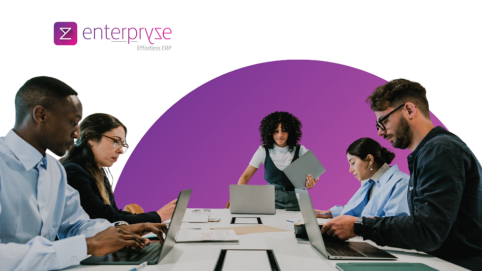 A diverse team of five professionals collaborating around a table with laptops during a business meeting, with the cloud-native ERP Enterpryze ERP logo displayed in the top left corner.