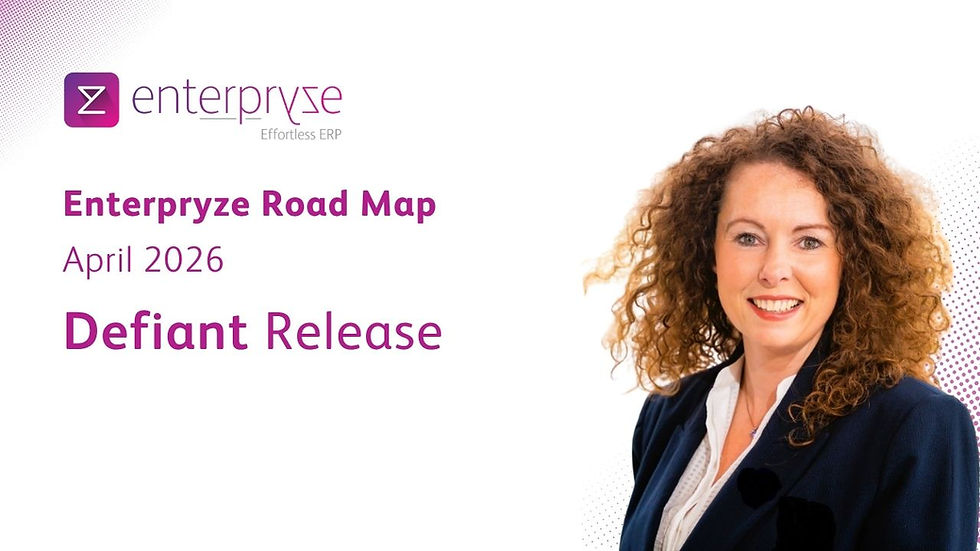 Sharon smiling in a business suit next to text: Enterpryze Road Map, April 2026, Defiant Release. White background with pink logo.