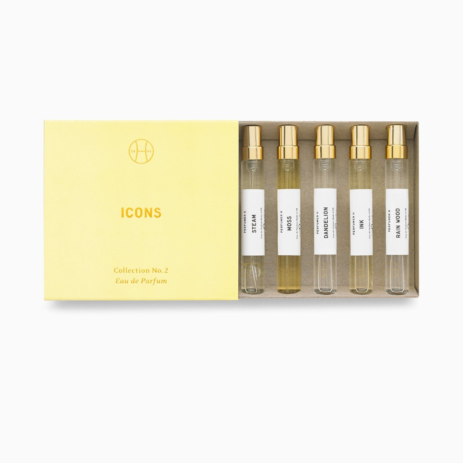 Perfumer H Icons Collection No.2 featuring five 8ml eau de parfum bottles in a presentation box.
