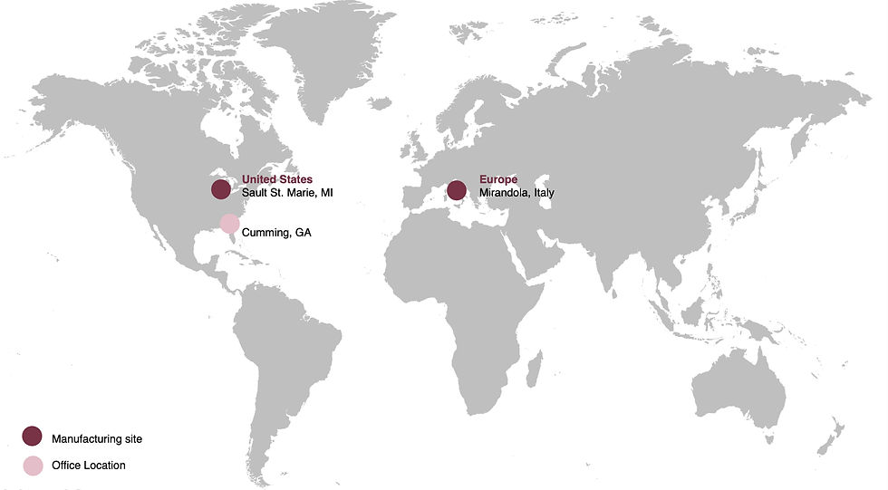 TN-plastics strategic nearshoring locations showing manufacturing facilities in Michigan USA and Mirandola Italy with secure supply routes providing supply chain resilience for medical device manufacturers
