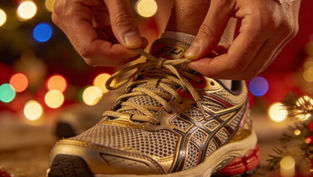 A close-up of a runner or walker tying the laces of supportive athletic shoes with holiday lights blurred in the background, symbolizing staying active and pain-free through Christmas week.