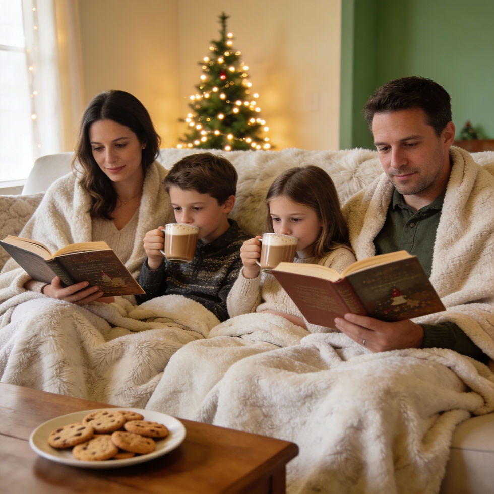 A Wesley Chapel family enjoying a peaceful winter evening at home with soft lights, simple holiday decor, and cozy blankets, representing calm year-end wellness and connection.