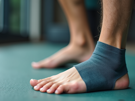 Sports related foot injury with support bandage on athlete's foot