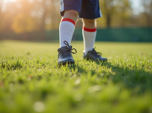 Eye-level view of child tying running shoes on a grassy field