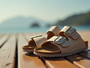 Comfortable spring sandal with wide straps and cushioned sole suitable for bunions