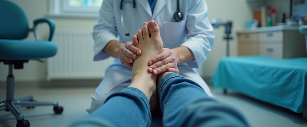 Eye-level view of a podiatrist examining a patient's foot in a clinic setting