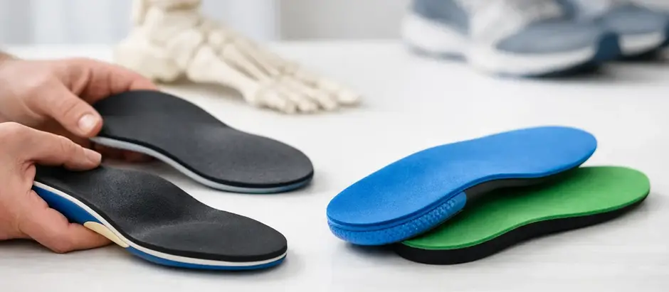 Hands comparing black orthotic insoles beside blue and green insoles, with a foot skeleton model and sneakers in a bright clinic setting