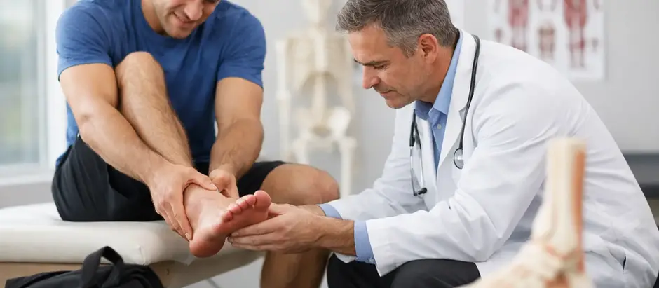 Doctor examines a runner’s painful ankle in a clinic, with anatomy charts and running shoes visible nearby
