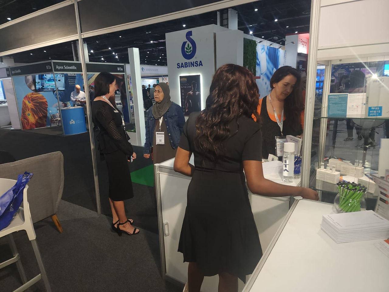 MC Pharma and Mnandi Pharma representatives chatting with visitors at their Saphex exhibition stand.