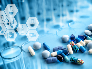 Various blue and white pills and capsules on a glass surface. Medical icons float above. Background features a blue lab setting.