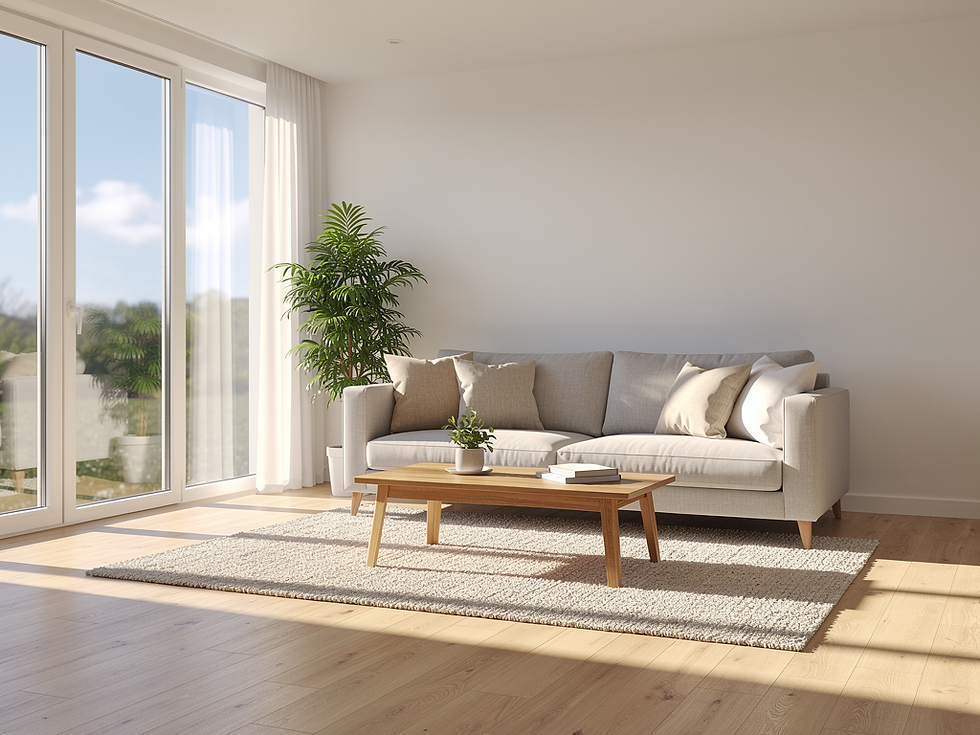 Bright modern living room flooded with natural light through Low-E glass windows — energy efficient window replacement in Chicagoland IL by Legacy Glass Block serving Frankfort and Mokena