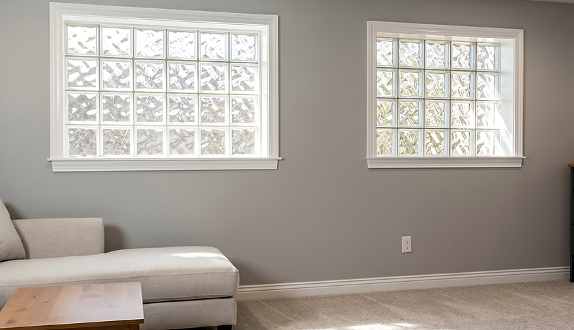 Interior view of two newly installed wave pattern glass block windows in a finished Mokena basement, providing enhanced privacy and natural light.