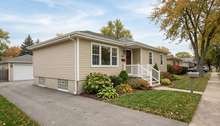 A modernized single-family home in Joliet featuring new tan vinyl siding, energy-efficient replacement windows, secure basement glass blocks, and a custom front entry door.