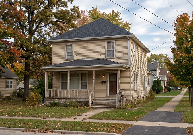 Before photo of older two-story home with faded siding and worn exterior before new siding and window replacement by Legacy Glass Block & Window Co.