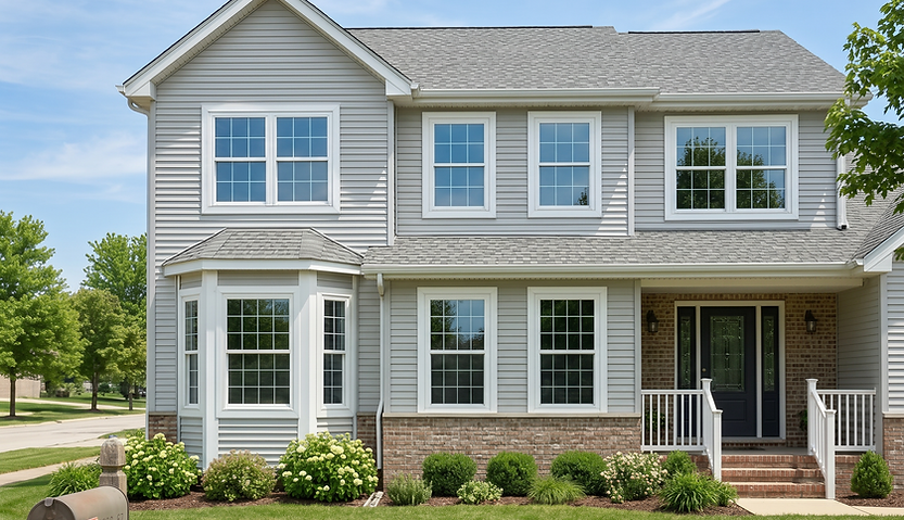 A two-story suburban home in the Mokena area featuring newly installed, energy-efficient replacement windows with classic grid patterns.