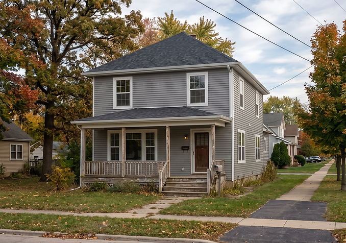 After photo of renovated two-story home featuring new gray vinyl siding, replacement windows, and updated exterior installed by Legacy Glass Block & Window Co.