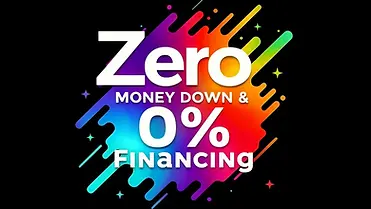 Promotional graphic advertising Zero Money Down and 0% Financing for glass block installation and home exterior window replacement projects by Legacy Glass Block & Window Co. in the Chicagoland area.